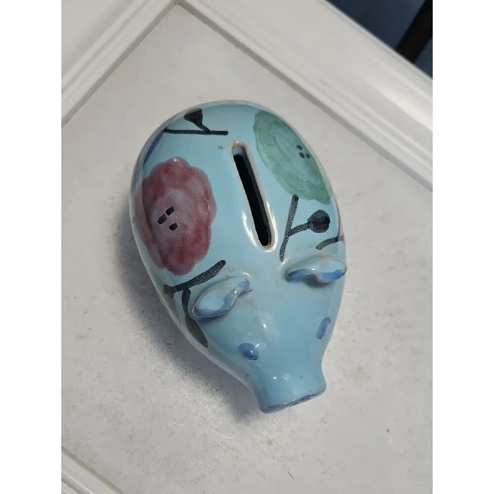 Ceramic Blue Floral Piggy Bank Made In Italy